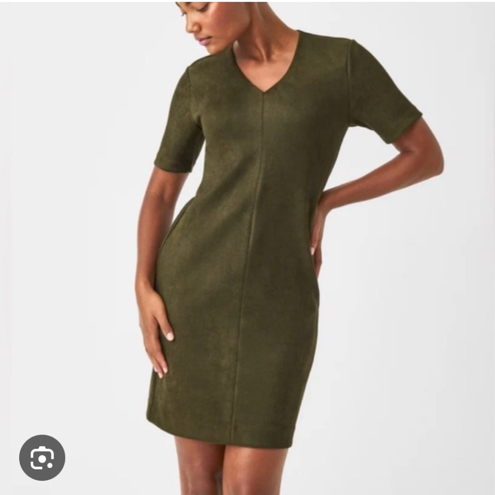 Spanx Faux Suede Column Dress Olive Green Sz L Sheath Office